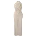 Close-up detail of a beige sleeveless wide-leg jumpsuit with lapel collar and chain trim - S / Apricot