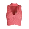 Detailed view of pink ribbed knit halter neck crop top featuring a chic cross-front design - Rose Pink
