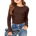 High-quality girls' long-sleeve brown ribbed T-shirt featuring a crew neck and slim fit - S / Tops / Brown