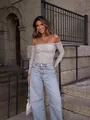 Sexy mauve off-shoulder long sleeve top with sparkling silver rhinestone twist detail - S / Tops / Silver
