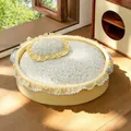 Round yellow floral pet bed featuring elegant ruffles and a small matching pillow - S (40x33x11cm) / Cotton Filling (With Blanket) / Lemon Yellow Floral
