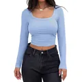 Detailed view of women's light blue ribbed slim fit crop top with a square neck design - Light Blue