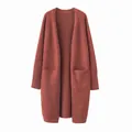 Cozy mid-length loose open-front thick knitted cardigan in rust red with pockets - One Size / Tops / Brick Red