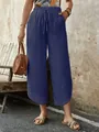 Loose blue cotton linen drawstring cropped pants with pockets for women's casual wear - S / Bottoms / Navy Blue