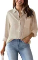 Detail view of a women's striped long-sleeve button-down blouse in tan and white - S / Tops / Khaki