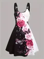 Détail d'une robe d'été noire et blanche avec imprimés 3D de roses roses et papillons. - S / Robes / Noir et Blanc (Imprimé Rose Papillon)