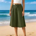 Detail of olive green wide-leg beach culottes with a comfortable drawstring waist - Army Green