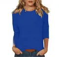 Detail of a royal blue crew neck T-shirt for women featuring solid color and 3/4 sleeves. - S / Tops / Blue