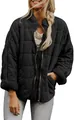 Detail view of a black women's oversized quilted jacket with a stand-up collar and zipper. - Black