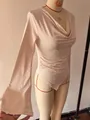 Detail of long sleeve cowl neck bodysuit with ruched sides and slim fit design - Beige