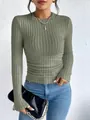 Close-up detail of sage green ribbed long sleeve T-shirt for women in casual style - Army Green