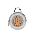 Portable grey round pet waste bag dispenser featuring an orange paw print design and clip - Paw Print Style / Premium Grey