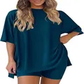 Completo casual da donna in due pezzi verde acqua con t-shirt e pantaloncini - Blu lago