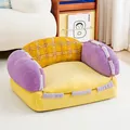 Gezellige pluche kattenbank met paarse armleuningen en een geel geruit rugkussen - S / Retro Geruit Geel