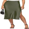 Detailed view of elegant olive green satin midi skirt with sexy side slit on model - S / Bottoms / Army Green