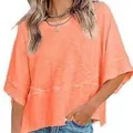 Loose coral pink round neck T-shirt with flare sleeves in textured fabric - Orange