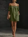 Close-up of olive green cotton linen off-shoulder dress with stylish pocket detail. - Army Green