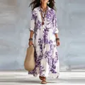 Élégante robe maxi bohème à fleurs violettes avec col à revers et jupe à volants. - S / Robes / Violet