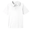 Close-up detail of a white children's short-sleeved Polo shirt with two buttons. - 110 / Tops / White