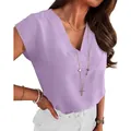 Close-up of lavender V-neck sleeveless blouse with textured fabric on model - Light Purple