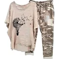 Detailed view of the casual two-piece set featuring a dandelion print top and camo pants - 3XL / Top And Bottom / Apricot Dandelion Print (134105-1)