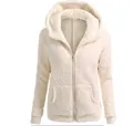 Close-up of a women's plush cream sherpa hooded jacket with full zipper detail. - 5XL / Tops / Beige