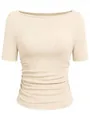Gedetailleerde weergave van beige geribbelde t-shirt met boothals en gerimpeld ontwerp - S / Tops / T-Shirts / Broken Wit