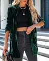 Detail shot of a luxurious dark green velvet long sleeve cardigan with lapel collar. - S / Top (RX6621) / Dark Green