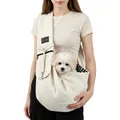 Detail of cream quilted pet carrier sling bag featuring small dog and interior lining - Apricot