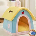 Cozy blue and yellow house-shaped dog bed with soft plush interior and apple detail - Cherry Cream Villa / Size L (With Electric Blanket)