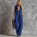 Detailed view of blue vintage sleeveless hooded jumpsuit with deep V-neck zipper - S / Set (JXJ020) / Dark Blue