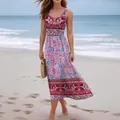 Bohemian printed sleeveless maxi dress featuring floral patterns for beach vacation - S / Dresses / Red