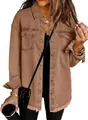 Detail of camel denim shirt jacket featuring frayed hem and chest pockets design. - Brown