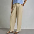 Women's khaki cotton linen drawstring casual pants featuring pockets and button hem details - Khaki