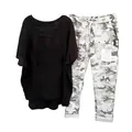 Detail view of women's casual set with black top and camouflage print pants - 3XL / Top And Bottom / Black
