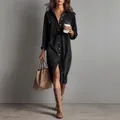 Robe chemise élégante en velours côtelé noir à manches longues avec col à revers - Noir