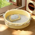 Cozy yellow round pet bed with charming floral pattern and ruffle trim for small cats - S (40x33x11cm) / Sponge Filled (With Blanket) / Lemon Yellow Floral