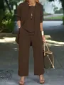 Full view of women's brown 3-piece set with cardigan, top, and wide-leg pants. - S / Top And Bottom / Dark Brown