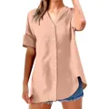 Casual perzikkleurig damesoverhemd met korte mouwen, V-hals en opstaande kraag - S / Tops / Khaki