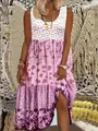 Bohemian tiered maxi dress with floral print and round neck sleeveless design - S / Dresses / Pink