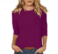 Detail of women's purple 3/4 sleeve t-shirt featuring a classic crew neck design - S / Tops / Deep purple
