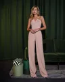 Elegant pink wide-leg jumpsuit featuring a lapel collar and slanted placket design - S / Jumpsuits / Pink