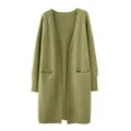 Olive green mid-length thick knit cardigan sweater for women's autumn winter style - One Size / Tops / Fruit Green
