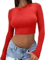 Detailed view of a sexy red slim fit long sleeve crop top with a classic round neckline - S / Tops / Orange Red