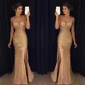 Glamorous gold sequined V-neck evening dress featuring a dramatic high side leg slit - S / Gold