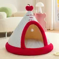 Cozy plush pet tent bed with apple topper and checkered pattern in blue and red - S (38x38x35cm) / Apple Tent