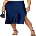 Full view detail of a navy blue satin midi skirt featuring side slit and high waist - S / Navy Blue