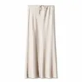 Elegant cream acetate A-line long skirt with high waist and functional drawstring detail - S / Bottoms / Beige