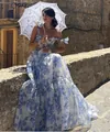 Elegant off-shoulder blue floral organza maxi evening dress for summer occasions. - XS / Dresses / Blue