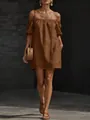 Casual brown cotton linen off-shoulder dress with loose fit and elegant summer style - Brown